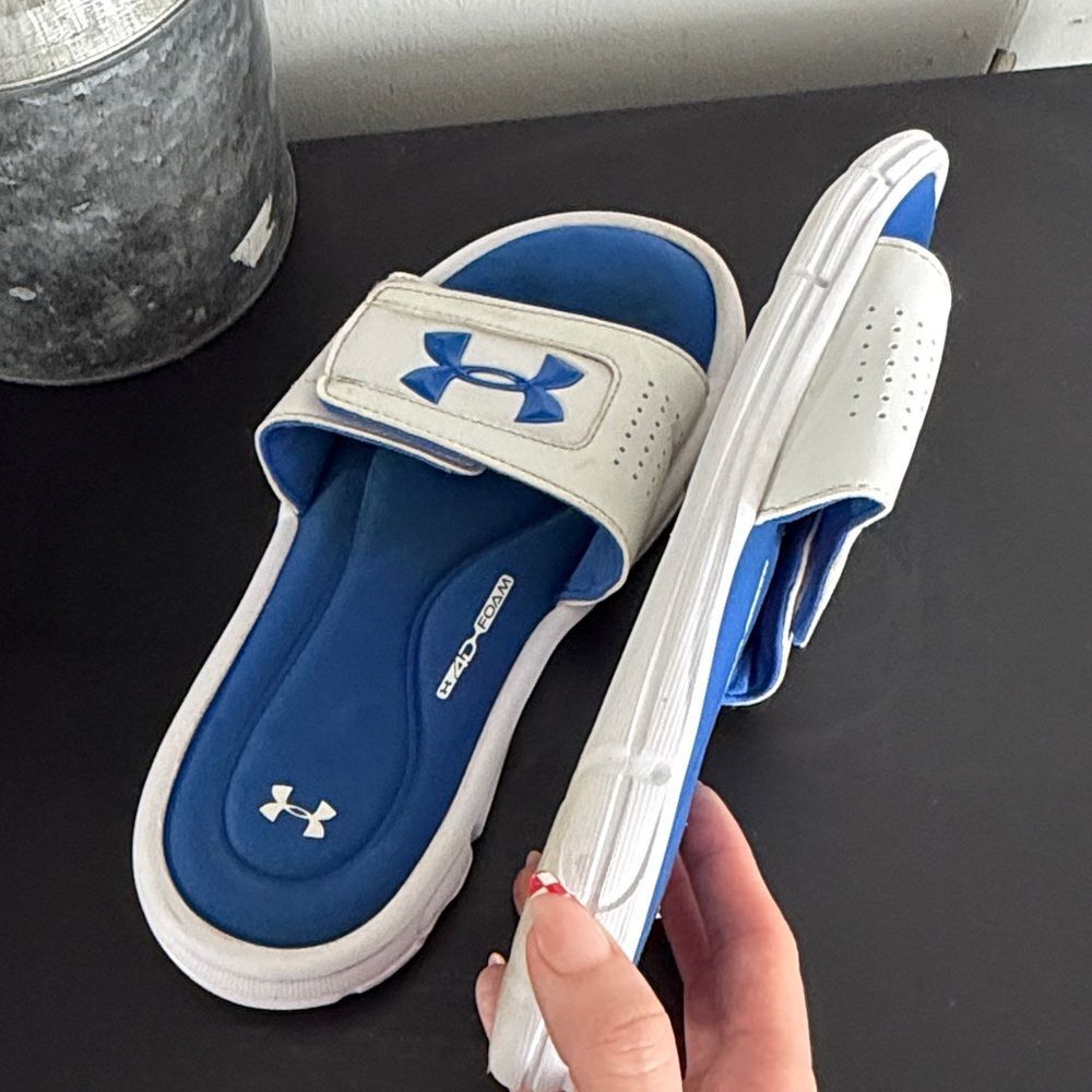 Under Armour Blue and White Slide Sandals 4Y